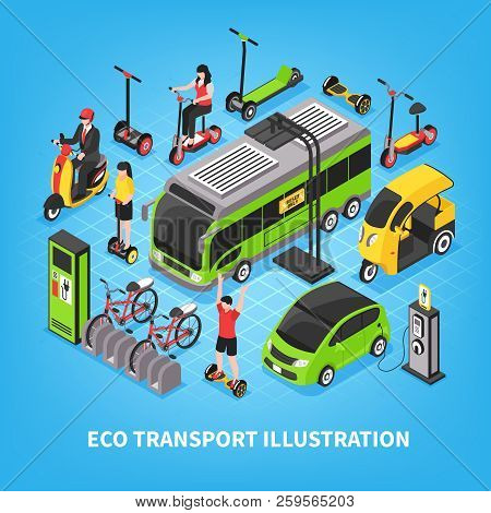 Eco Transport Isometric Vector Illustration With City Bus Electric Cars Bicycle Parking People Ridin
