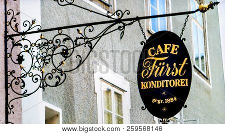 Salzburg, Austria - July 15, 2017: Logo Of Cafe Konditorei Furst (prince), Producing Original Salzbu