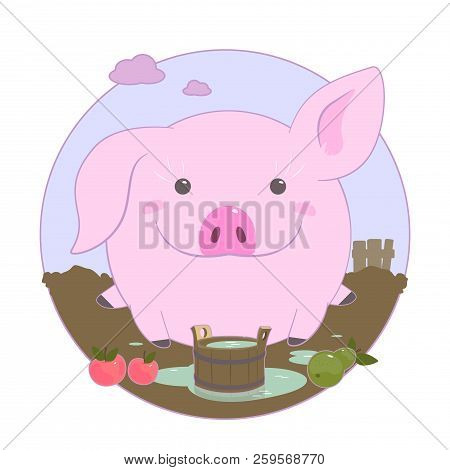 Cheerful Charming Pink Pig. On White Background
