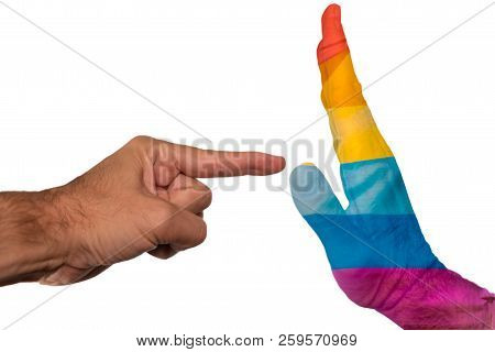 Finger Pointing To A Peaceful Hand With Pride Flag