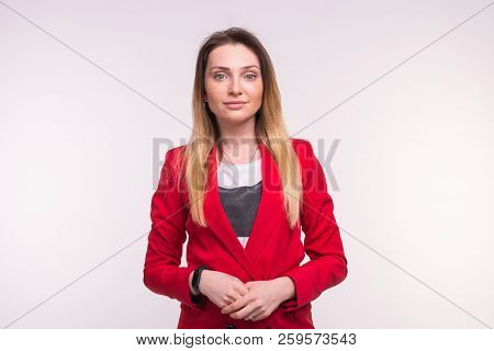 Stylish European Business Woman In A Red Jaket On White Background