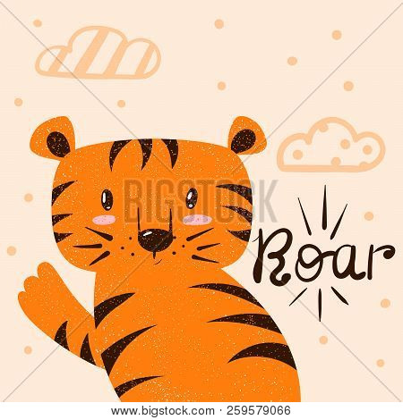 Tiger, Roar Illustration. Cartoon Hand Draw Monster Character For Print T-shirt. Vector Eps 10