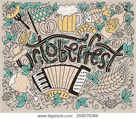 Greeting Lettering Postcard With Raditional Bavarian Pattern Symbols. Octoberfest Lettering Vector C
