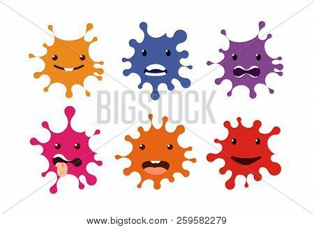 Virus Vector Icons Set. Bacteria Logos Template. Microscopic Infection Illustration. Cartoon Splash 