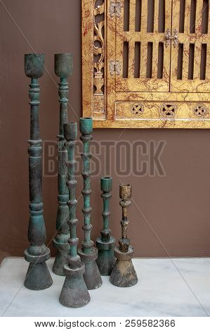 An Attractive Set Of Three Varied Sized Pillar Candle Holders Made Form Solid Wood Superbly Hand Pai