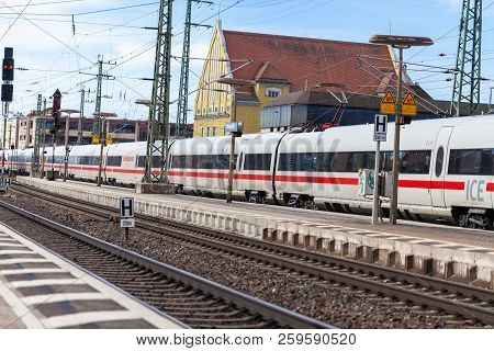 Fuerth / Germany - March 11, 2018: Ice 3, Intercity-express Train From Deutsche Bahn Passes Train St