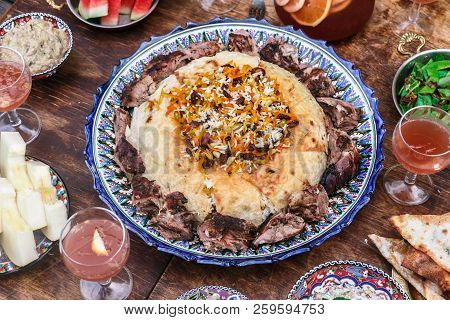Iranian Pilaf With Tahdig And Lamb Close View