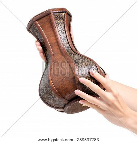 Wooden Vase In Hand On White Background Isolation