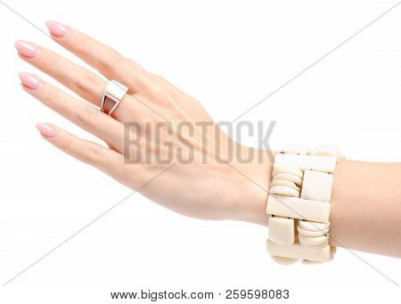 Bijouterie Ring Bracelet Ivory Stone In Hand On White Background Isolation