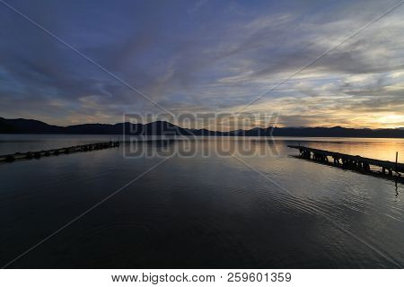 Tazawa Lake And Pier In Senboku, Akita, Japan (evening Scene)
