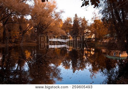 Pushkin Manor Park In The Village Of Bolshoe Boldino. White Bridge. Autumn In Boldino, Russia, Nizhn