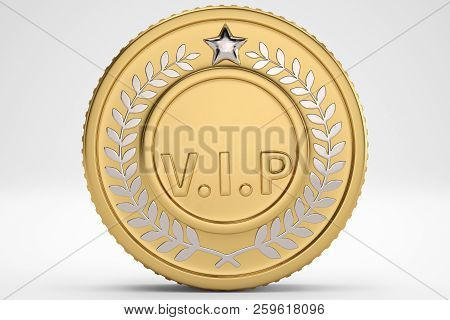 Golden Crown With Vip Coin On White Background.3D Illustration