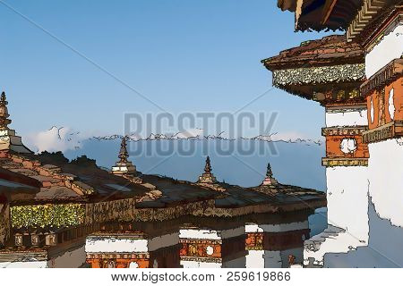 Illustration, In Cartoon Style, Of Dochula Pass With Himalaya In Background - Bhutan