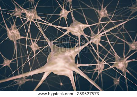 Nerve Cells In Brain. 3d Rendered Illustration. Retro Style.