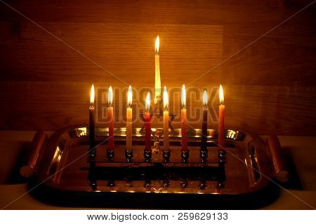 Hanukkah Is A Jewish Holiday. Burning Chanukah Candlestick With Candles. Chanukiah Menorah.