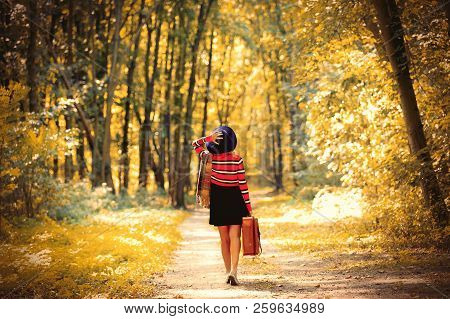Young Girl With Suitcase In Autumn Season Park.