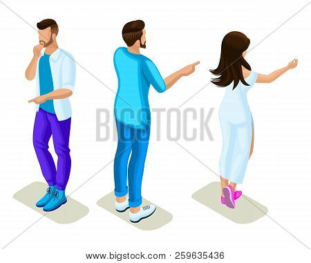 Isometrics Young People, Generation Z, Rear View And Front View, Hand Gesture Show, Point, Guide.