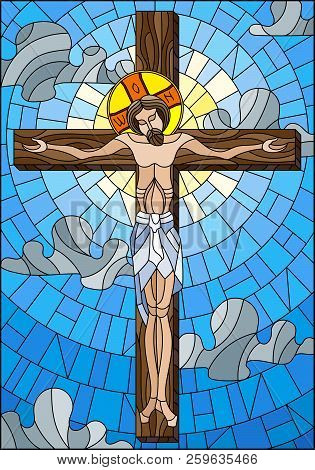 Illustration In Stained Glass Style On The Biblical Theme, Jesus Christ On The Cross Against The Clo