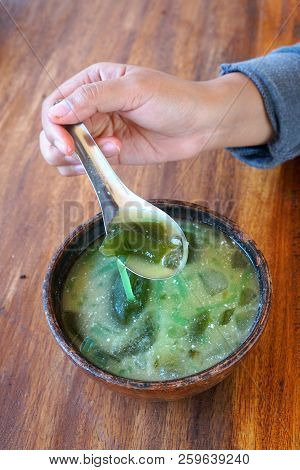 Cincau Is A Traditional Grass Jelly In Indonesia. Served With Syrup And Ice.