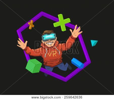 Young Guy In Vr Headset Flying Among 3d Objects On Black Background. Happy Kid In Virtual Reality. C