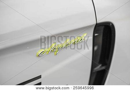 Minsk, Belarus - September 2, 2018: Porsche Panamera E-hybrid Logo On Porsche Experience Road Tour