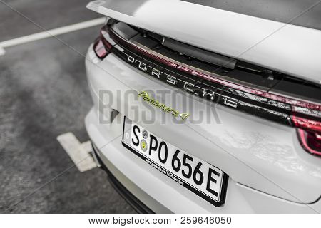 Minsk, Belarus - September 2, 2018: Porsche Panamera E-hybrid Trunk Porsche Experience Road Tour