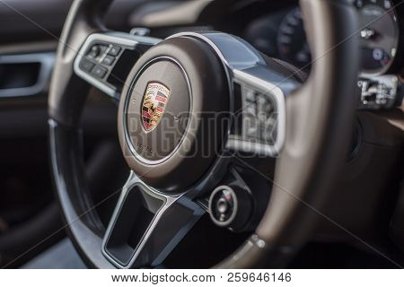 Minsk, Belarus - September 2, 2018: Porsche Panamera E-hybrid Steering Wheel Porsche Exprerience Roa