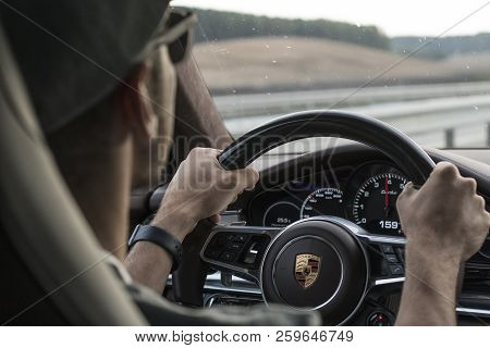 Minsk, Belarus - September 2, 2018: Porsche Panamera E-hybrid Porsche Exprerience Road Tour