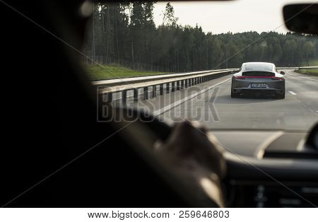 Minsk, Belarus - September 2, 2018: Porsche Panamera E-hybrid Porsche Exprerience Road Tour