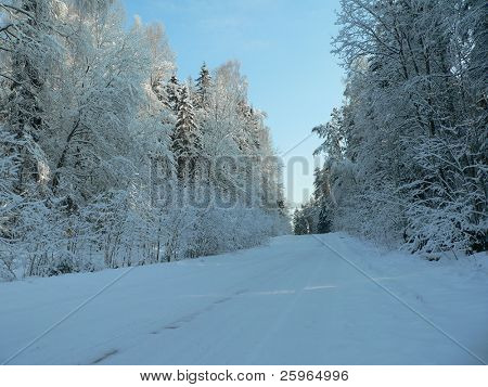 Verschneite Straße in Holz