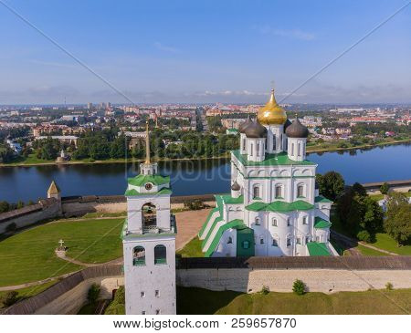 Trinity Cathedral, Kremlin In Pskov, Russia, Europe. Aerial View Of Pskov Kremlin And Trinity Cathed