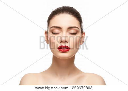 Girl With Red Lipstick Isolated On White