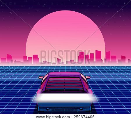 Retro Future. 80s Style Sci-fi Background With Supercar. Futuristic Retro Car. Vector Retro Futurist