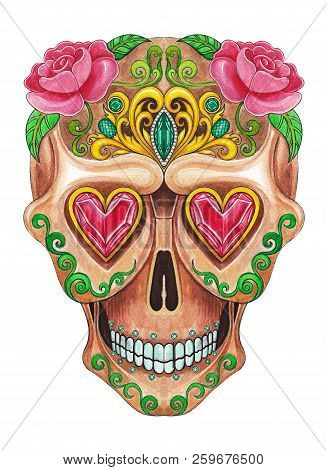 Art Sugar Skull Day Of The Dead .hand Watercolor Painting On Paper.