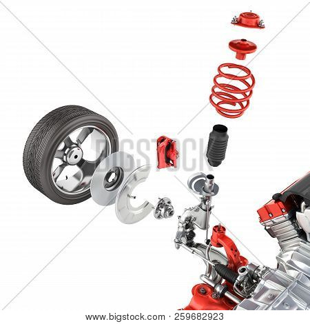 Suspension Of The Car With Wheel And Engine Undercarriage In Detail Isolated On White Background 3d 