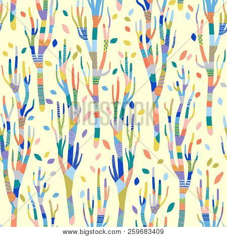 Seamless Background With Stylized Trees. Forest Bright Pattern. Patchwork Trees, Cozy, Autumn, Light