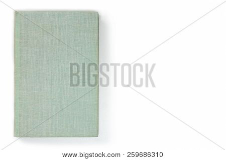 Blank Grey-green Tissular Book Cover, Front Side View. Empty Hardcover Mock Up, Isolated On White Ba