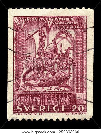 Sweden - Circa 1962: A Stamp Printed In The Sweden Shows Medieval Wooden Sculpture Depicting The Leg