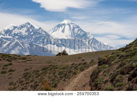 Trail In Himalayas Near Lupra Village On Annapurna Circuit. Version 2.