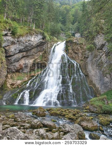 Beautiful Golling Waterfall, Near Golling And Salzburg Medieval Town At Summer In Austria