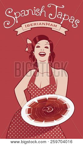 Beautiful Spanish Cook Showing A Plate Of Iberian Ham. She Wears A Polka-dot Dress Or Apron And A Fl