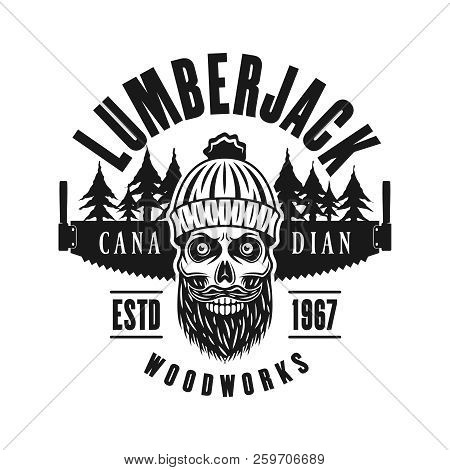 Lumberman Skull With Beard And Two Hand Saw Vector Emblem In Vintage Monochrome Style Isolated On Wh