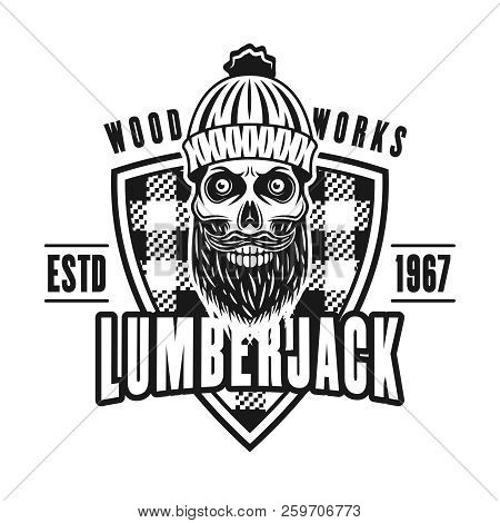 Lumberman Skull And Shield Vector Emblem In Vintage Monochrome Style Isolated On White Background
