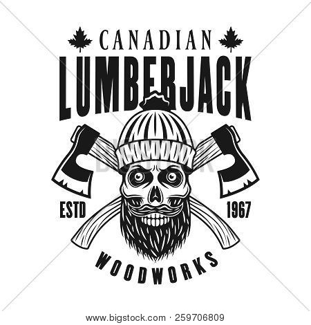 Canadian Bearded Lumberman Skull In Knitted Hat Vector Emblem In Vintage Monochrome Style Isolated O