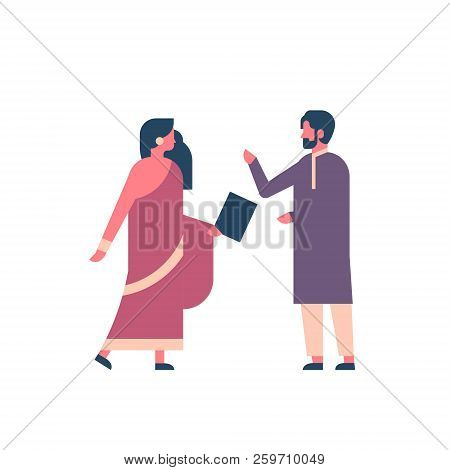 Indian Couple Wearing National Traditional Clothes Hindu Man Woman Communication Concept Using Table