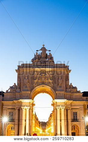 The Commerce Square  In Downtown Lisbon, Portugal At Sunset
