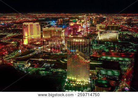 Las Vegas, Nevada, United States - August 18, 2018: Aerial View Of Las Vegas Strip Night. Scenic Nig
