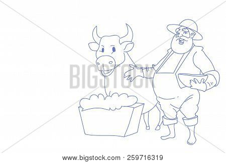 Farmer Man Breeding Animals Cow Countryman Agribusiness Concept Sketch Doodle Horizontal