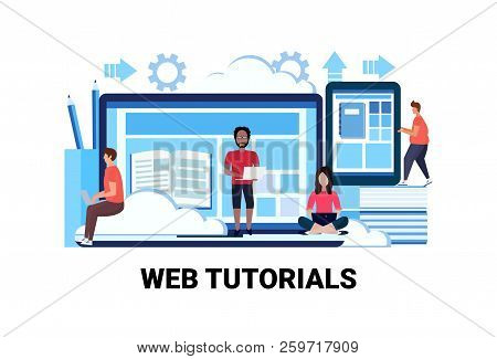 Mix Race People Studying Online Application Web Tutorials Concept People Learning Internet Book App 