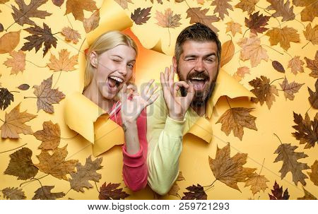 Bearded Man In Cap And Blond Girl With Scarf Are Happy With Autumn Sales. Funny Couple Are Getting R